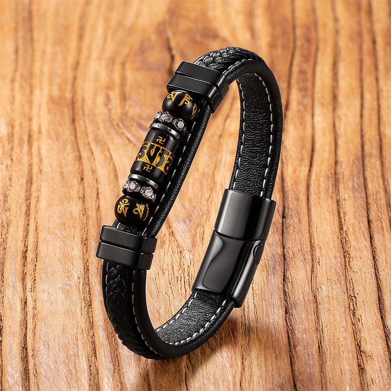 Buddha Stones Om Mani Padme Hum Symbol Smoka Czarny Onyks Skórzana Bransoletka Ochronna Równowagi Tytanowej Stali - Czarny onyks Om Mani Padme Hum, - 18-22 cm - image 0