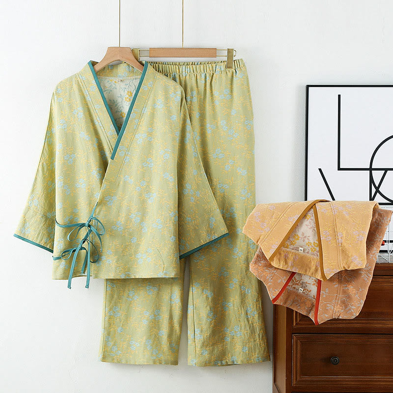 Buddha Stones 2 szt. Kolorowy kwiatowy liść, koszula z długim rękawem i dekoltem w serek, spodnie, piżama bawełniana z kieszeniami - Żółtozielony - US12, UK/AU16, EU44 (XL) - image 0