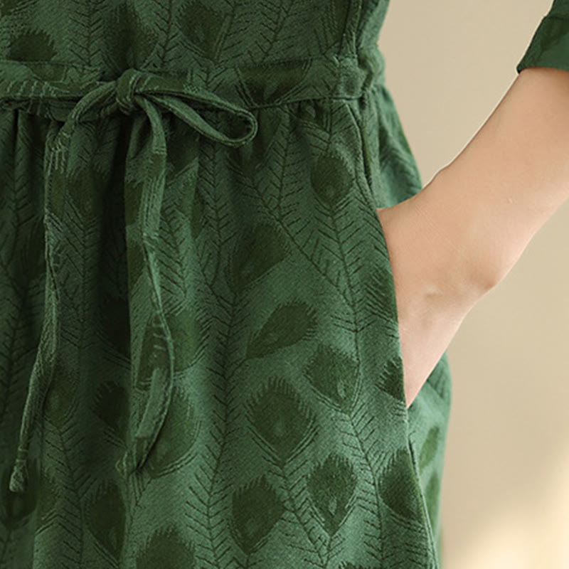 Sukienka midi z bawełny z długim rękawem i kieszeniami, z wzorem liści i Buddha Stones - image 8