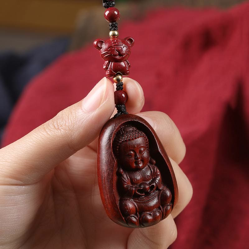 Buddha Stones Mały liść Czerwony Sandałowiec Budda Cynober Chiński Zodiak Amulet Ochrona Brelok