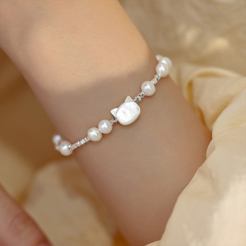 Buddha Stones Perła Głowa Kota Tridacna Kamień Srebrny Łańcuszek Bransoletka Uzdrawiająca - Perła (obwód nadgarstka 14-16 cm) - image 0