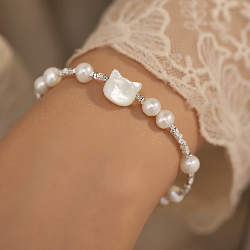 Buddha Stones Perła Głowa Kota Tridacna Kamień Srebrny Łańcuszek Bransoletka Uzdrawiająca - image 2