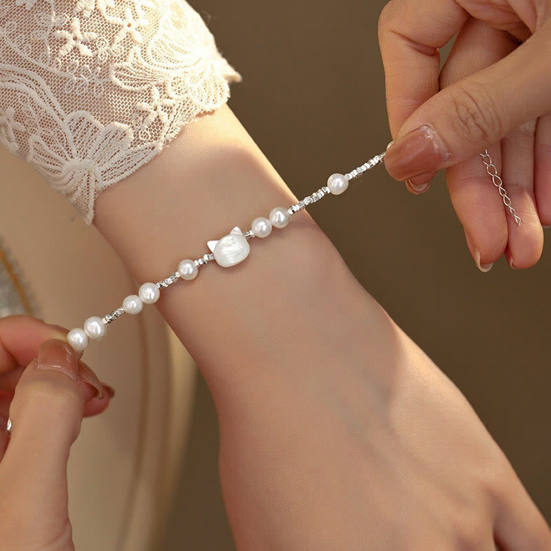 Buddha Stones Perła Głowa Kota Tridacna Kamień Srebrny Łańcuszek Bransoletka Uzdrawiająca - image 3