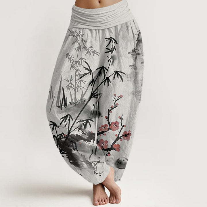 Damskie spodnie haremowe z elastyczną talią, z motywem kamieni Buddha Stones , kwiatów śliwy, bambusowych orchidei i chryzantem - Jasnoszary - US22, UK/AU26, EU54 (6XL) - image 0