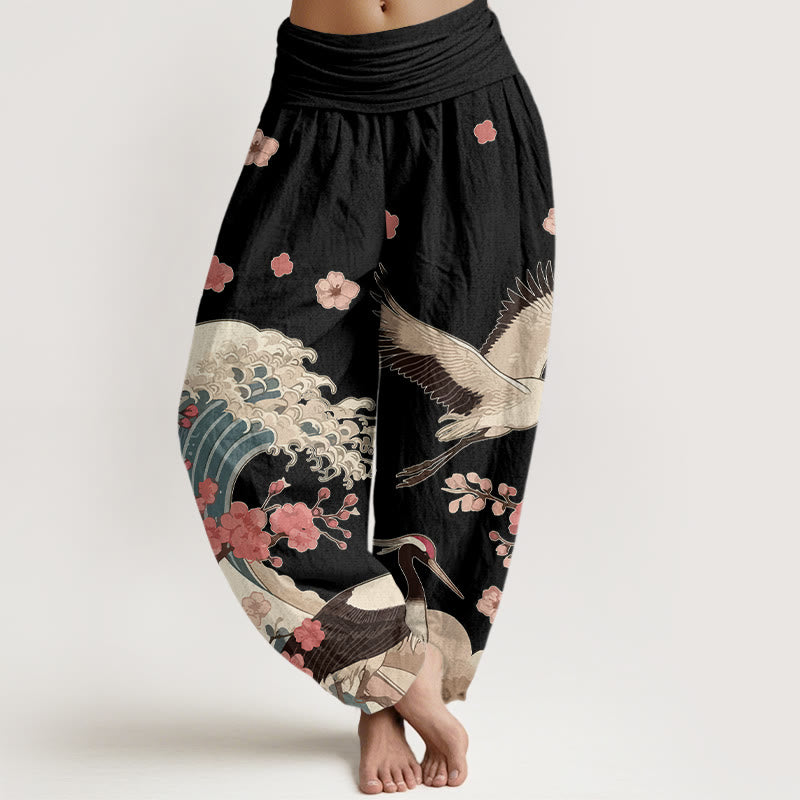 Damskie spodnie haremowe z elastyczną talią i elastycznym pasem w kwiaty brzoskwini i Buddha Stones z czystej bawełny - Czarny - US16, UK/AU20, EU48 (3XL) - image 5