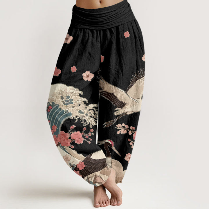 Damskie spodnie haremowe z elastyczną talią i elastycznym pasem w kwiaty brzoskwini i Buddha Stones z czystej bawełny - Czarny - US16, UK/AU20, EU48 (3XL) - image 5