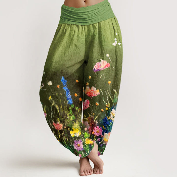 Spodnie haremowe damskie z elastycznym pasem i bawełnianą, swobodną, ​​akwarelową, kwiatową talią i Buddha Stones - Oliwkowy - US22, UK/AU26, EU54 (6XL) - image 4