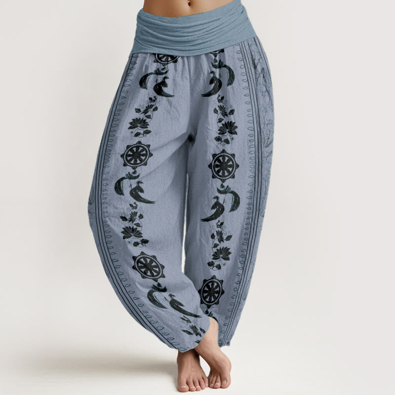 Buddha Stones Czysta bawełna Koło Dharmy Lotos OM Wzór Damskie Spodnie Harem Elastyczna Talia - LightSteelBlue - US22, UK/AU26, EU54 (6XL) - image 0