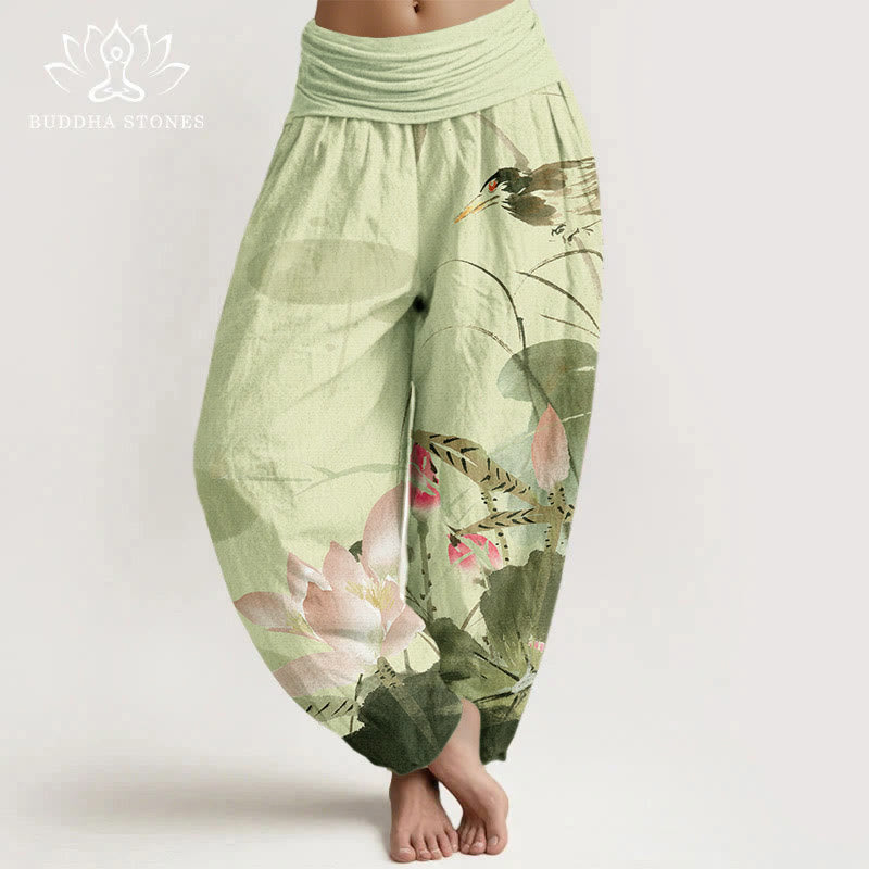 Damskie spodnie haremowe z elastyczną talią i bawełnianymi, różowymi Buddha Stones lotosu i wzorem ptaków - Khaki - US22, UK/AU26, EU54 (6XL) - image 0
