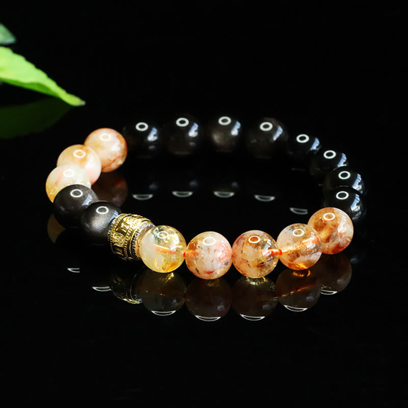 Bransoletka ochronna z Buddha Stones Om Mani Padme Hum w srebrnym połysku z obsydianem i cytrynem - image 3
