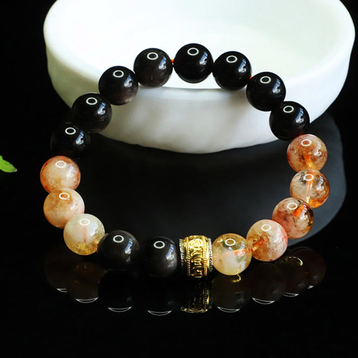 Bransoletka ochronna z Buddha Stones Om Mani Padme Hum w srebrnym połysku z obsydianem i cytrynem - image 2