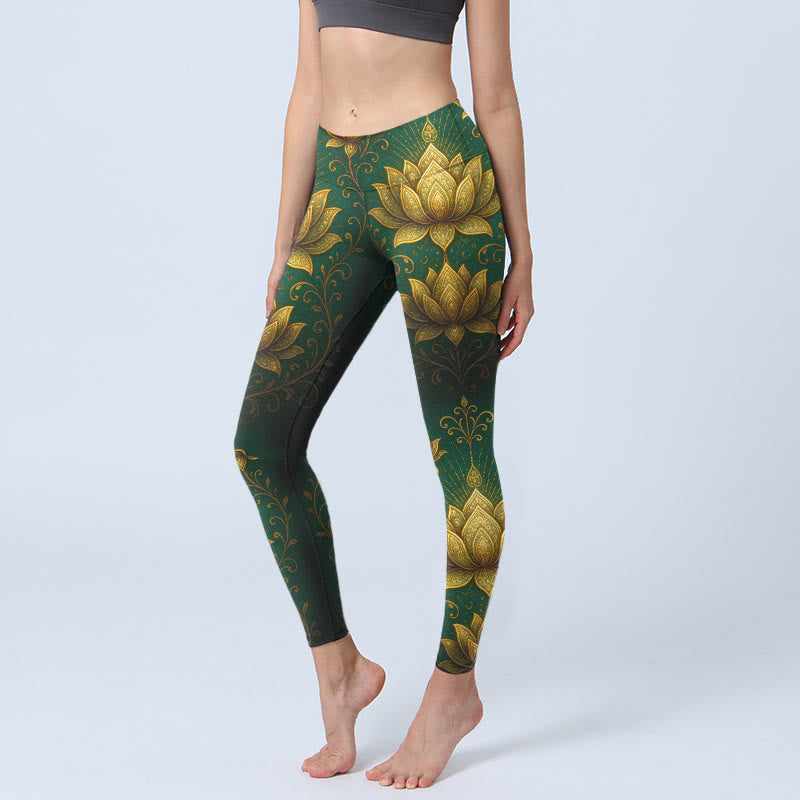 Legginsy do jogi damskie z nadrukiem w Buddha Stones, złoty lotos - Ciemnozielony - US18, UK/AU22, EU50 (4XL) - image 0