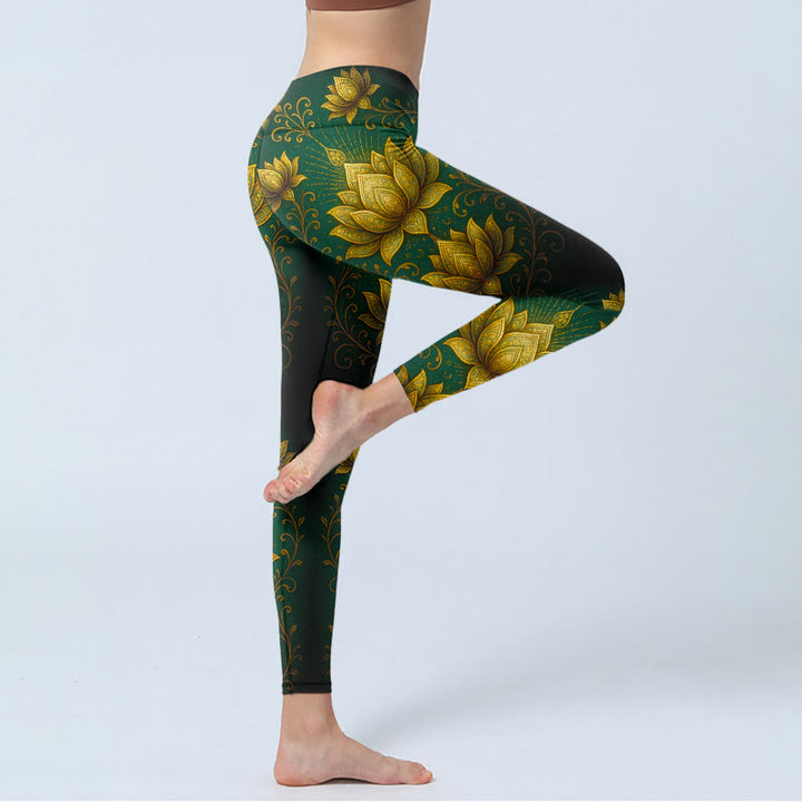 Legginsy do jogi damskie z nadrukiem w Buddha Stones, złoty lotos - image 3