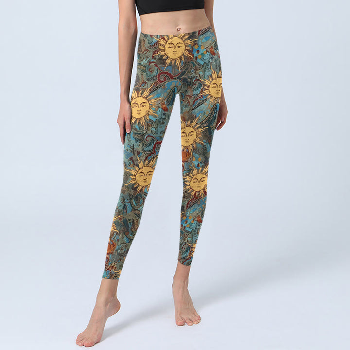 Legginsy do jogi damskie z nadrukiem w złote, uosobione słońce, Buddha Stones - image 5