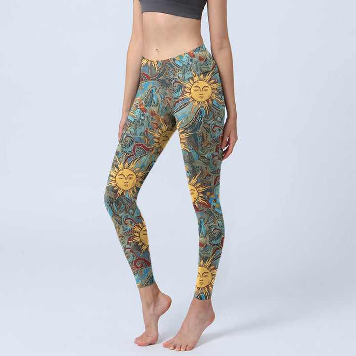 Legginsy do jogi damskie z nadrukiem w złote, uosobione słońce, Buddha Stones - Ciemnocyjanowy - US18, UK/AU22, EU50 (4XL) - image 0