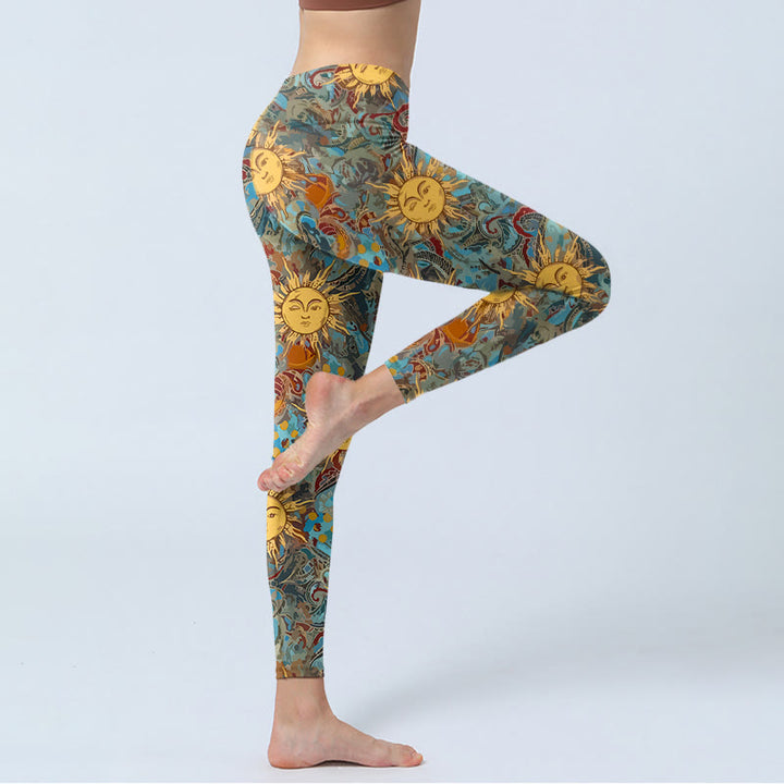 Legginsy do jogi damskie z nadrukiem w złote, uosobione słońce, Buddha Stones - image 3