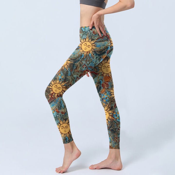 Legginsy do jogi damskie z nadrukiem w złote, uosobione słońce, Buddha Stones - image 2