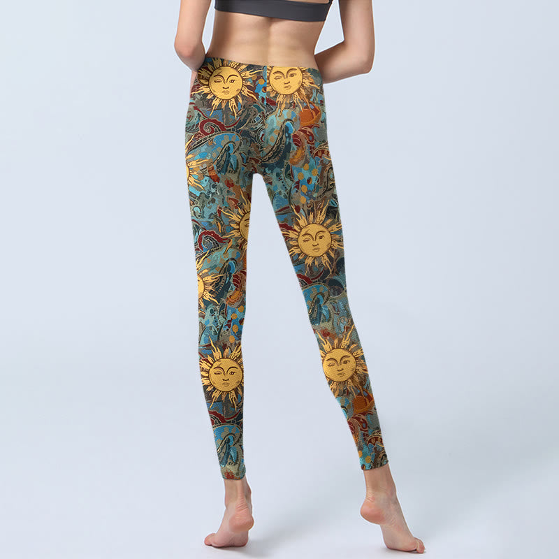 Legginsy do jogi damskie z nadrukiem w złote, uosobione słońce, Buddha Stones - image 6