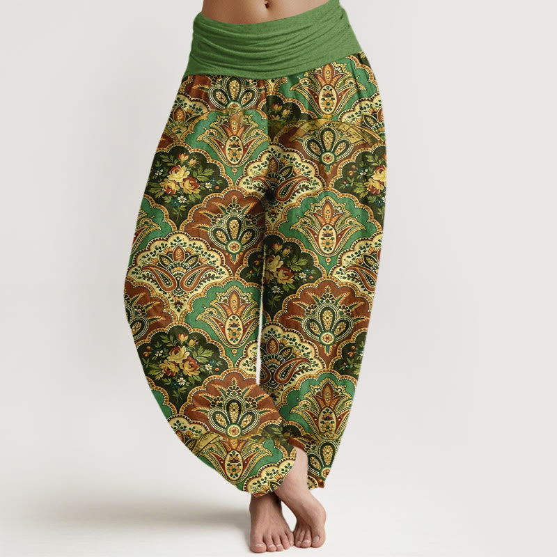 Spodnie haremki damskie z elastyczną talią i motywem kwiatów w kształcie wachlarza z motywem Buddha Stones z bawełny - Zielony - US16, UK/AU20, EU48 (3XL) - image 0