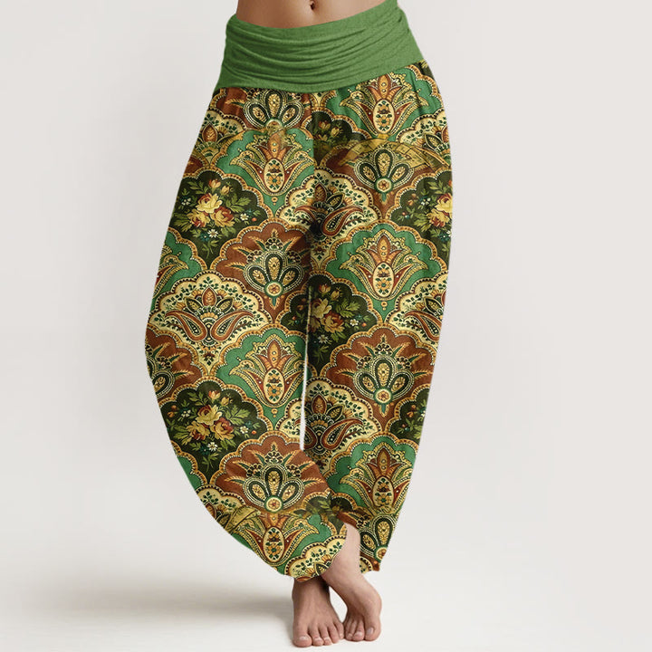 Spodnie haremki damskie z elastyczną talią i motywem kwiatów w kształcie wachlarza z motywem Buddha Stones z bawełny - Zielony - US16, UK/AU20, EU48 (3XL) - image 0