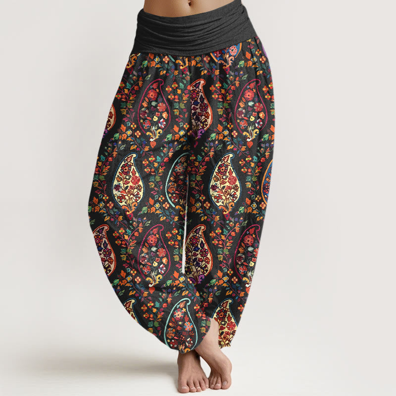 Spodnie haremki Buddha Stones z elastyczną talią i bawełnianymi, kolorowymi, retro kwiatami i liśćmi - Czarny - US16, UK/AU20, EU48 (3XL) - image 0