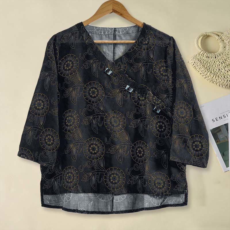 Koszula damska z długim rękawem i dekoltem w serek z nadrukiem w kwiaty "Buddha Stones" - Czarny - US8-10，UK/AU12-14，EU40-42 (2XL) - image 11