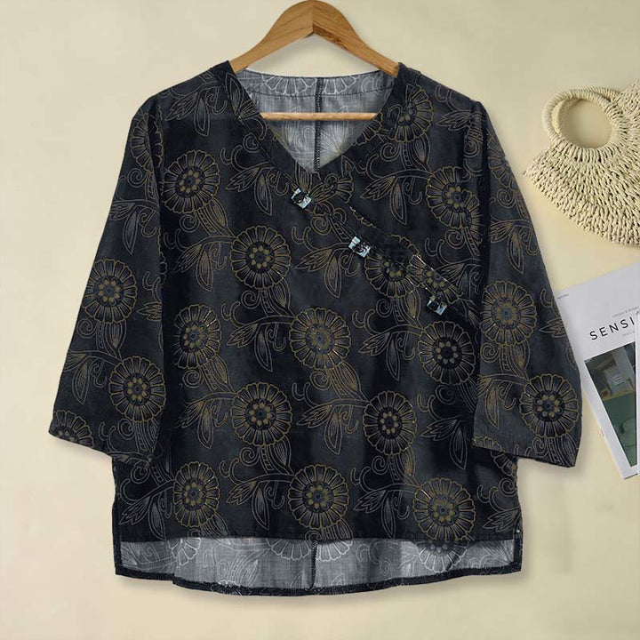 Koszula damska z długim rękawem i dekoltem w serek z nadrukiem w kwiaty "Buddha Stones" - Czarny - US8-10，UK/AU12-14，EU40-42 (2XL) - image 11