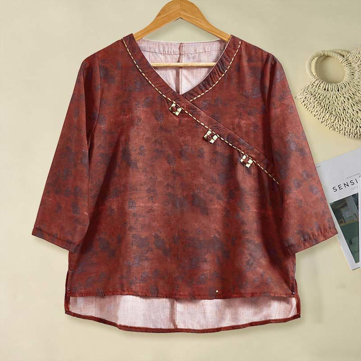 Koszula damska z długim rękawem i dekoltem w serek z nadrukiem w kwiaty "Buddha Stones" - Cegła ogniotrwała - US8-10，UK/AU12-14，EU40-42 (2XL) - image 14