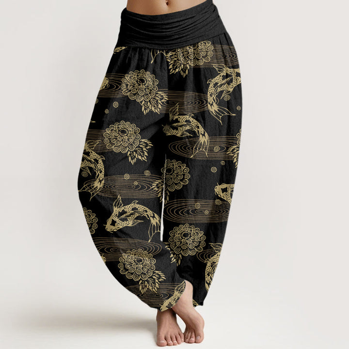 Buddha Stones spodnie haremowe z elastyczną talią i bawełnianymi, wykwintnymi kwiatami i liśćmi ryb koi w kształcie łezki - Czarny - US16, UK/AU20, EU48 (3XL) - image 0