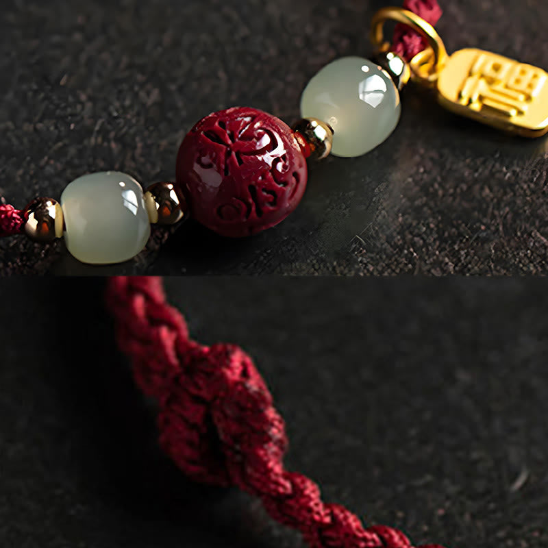 Bransoletka z jadeitu z Buddha Stones , koralikami Fu i Hetian , z czerwonym sznurkiem cynobrowym, symbolizująca dobrobyt - image 2