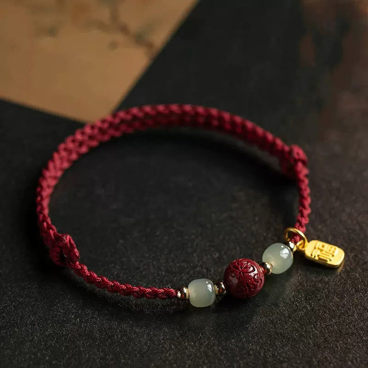 Bransoletka z jadeitu z Buddha Stones , koralikami Fu i Hetian , z czerwonym sznurkiem cynobrowym, symbolizująca dobrobyt - Czerwony sznurek (obwód nadgarstka: 15-20 cm) - image 0