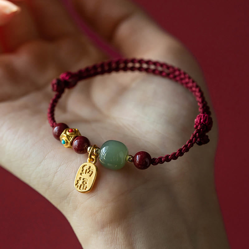 Bransoletka z Buddha Stones , turkusowy jadeit Hetian, wielokolorowy pleciony sznurek, symbolizujący szczęście i pomyślność - image 1