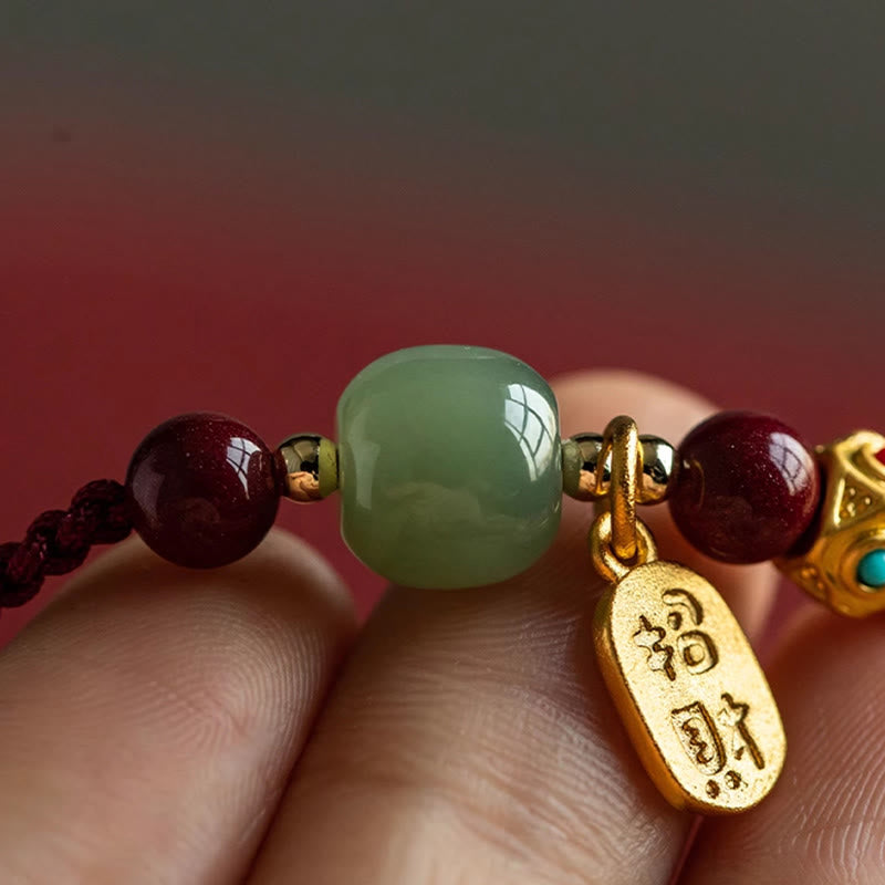 Bransoletka z Buddha Stones , turkusowy jadeit Hetian, wielokolorowy pleciony sznurek, symbolizujący szczęście i pomyślność - image 3