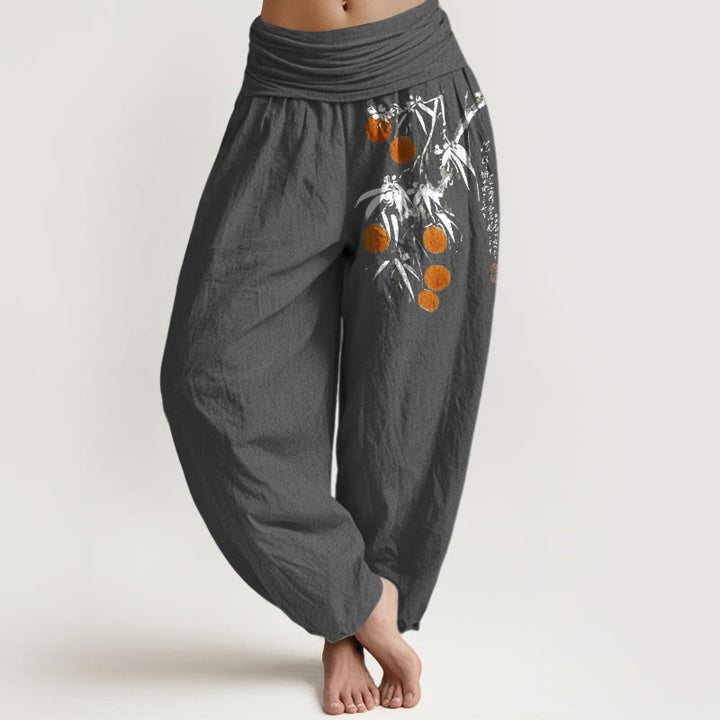 Buddha Stones, czysta bawełna, jaskrawo kolorowe, wzór gałązek owocowych, damskie spodnie haremowe z elastyczną talią - DimGray - US16, UK/AU20, EU48 (3XL) - image 11