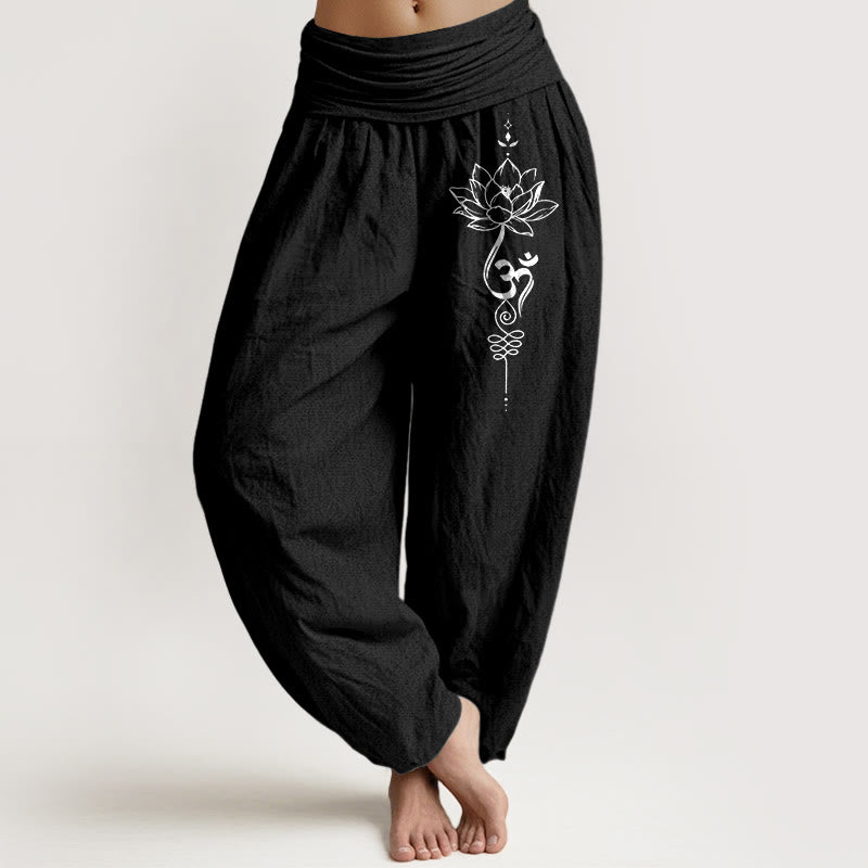 Buddha Stones, czysta bawełna, minimalistyczny styl, wzór symbolu lotosu Om, damskie spodnie haremowe z elastyczną talią - Czarny - US16, UK/AU20, EU48 (3XL) - image 0