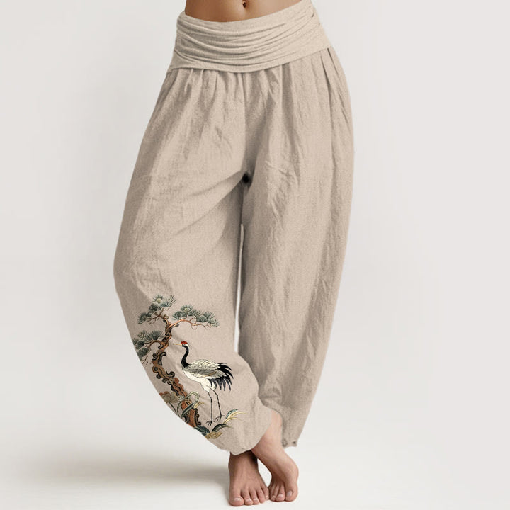 Spodnie haremowe damskie z elastyczną talią i wzorem żurawia, sosny i trawy w czystej bawełnie z kamieniami Buddha Stones - Dębnik - US16, UK/AU20, EU48 (3XL) - image 0