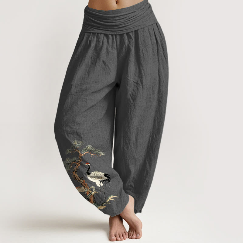 Spodnie haremowe damskie z elastyczną talią i wzorem żurawia, sosny i trawy w czystej bawełnie z kamieniami Buddha Stones - DimGray - US16, UK/AU20, EU48 (3XL) - image 11