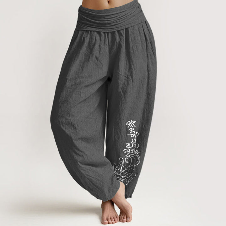 Buddha Stones z czystej bawełny, proste, wzór Om Mani Padme Hum, wzór lotosu, damskie spodnie haremowe z elastyczną talią - DimGray - US16, UK/AU20, EU48 (3XL) - image 8