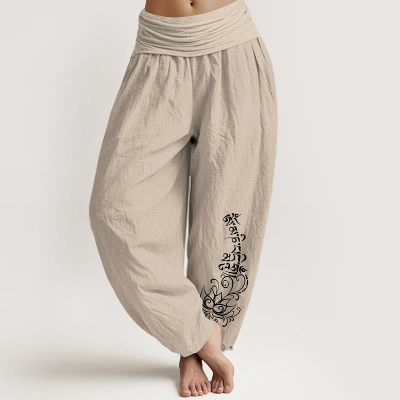 Buddha Stones z czystej bawełny, proste, wzór Om Mani Padme Hum, wzór lotosu, damskie spodnie haremowe z elastyczną talią - Dębnik - US16, UK/AU20, EU48 (3XL) - image 11