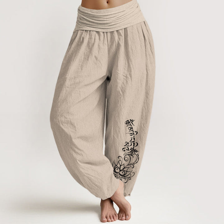 Buddha Stones z czystej bawełny, proste, wzór Om Mani Padme Hum, wzór lotosu, damskie spodnie haremowe z elastyczną talią - Dębnik - US16, UK/AU20, EU48 (3XL) - image 11