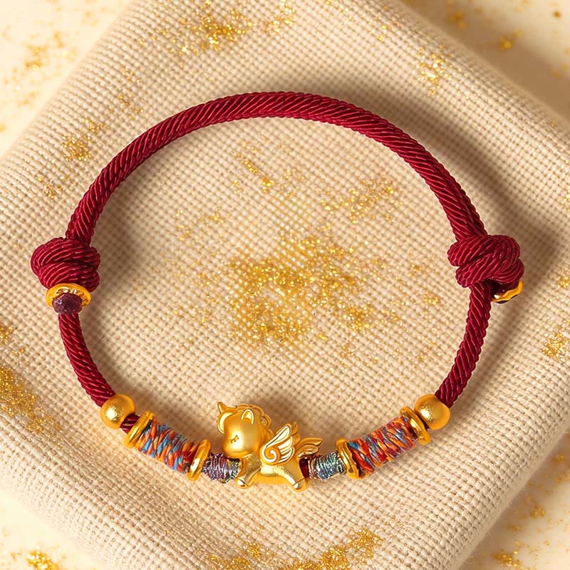 Bransoletka ochronna z plecionego sznurka z Buddha Stones z roku konia, wykonana ze srebra próby 999, platerowanego złotem - image 0