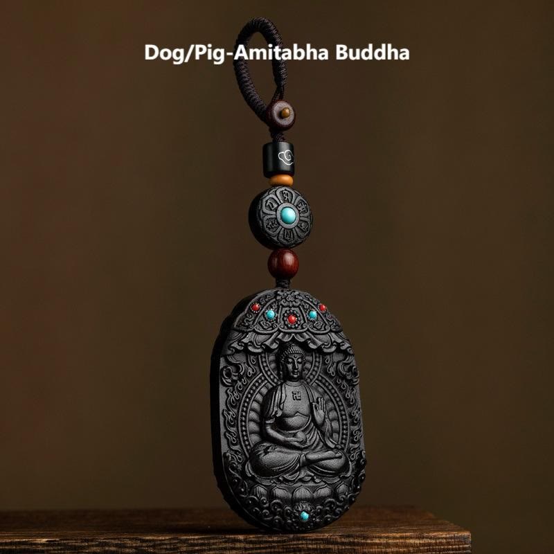 Buddha Stones, chiński zodiak, rok natalny Buddy, rok konia, Om Mani Padme Hum, lotos, hebanowy brelok z błogosławieństwem - Pies/Świnia-Amitabha Budda - image 26