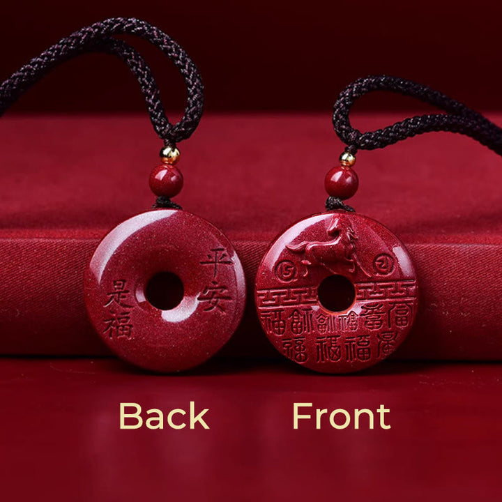 Buddha Stones Rok Konia Rzeźbiony Znak Fu Pokoju Klamra Projekt Naszyjnik Błogosławieństwo Pomyślności Cynober - image 5