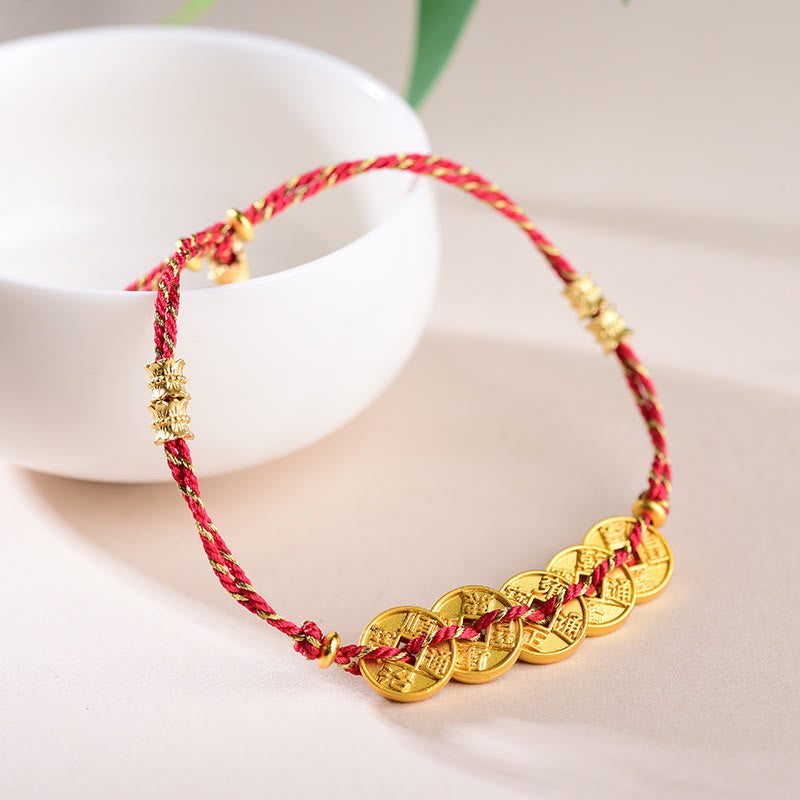 Bransoletka z ręcznie tkanego sznurka z pięcioma monetami cesarza i miedzianą wagą z Buddha Stones  - image 1