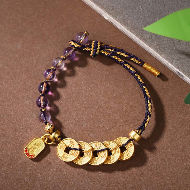 Buddha Stones, Monety Pięciu Cesarzy, Miedź, Ametyst, Cynober, Czarny, Czerwony Sznurek, Bransoletka Przyciągająca Szczęście - Miedziano-ametystowa czarna lina (obwód nadgarstka: 16-19 cm) - image 0
