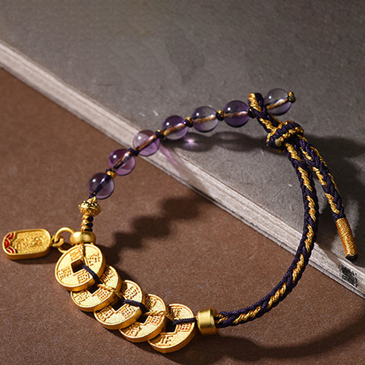 Buddha Stones, Monety Pięciu Cesarzy, Miedź, Ametyst, Cynober, Czarny, Czerwony Sznurek, Bransoletka Przyciągająca Szczęście - image 13