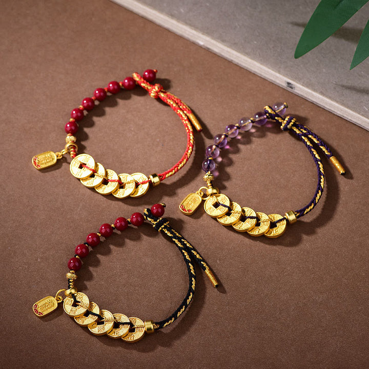 Buddha Stones, Monety Pięciu Cesarzy, Miedź, Ametyst, Cynober, Czarny, Czerwony Sznurek, Bransoletka Przyciągająca Szczęście - image 23