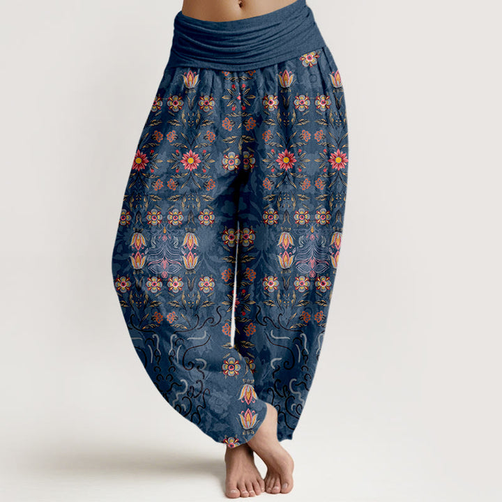 Damskie spodnie haremowe z elastycznej talii z Buddha Stones z czystej bawełny w kolorowe kwiaty - Stalowoniebieski - US16, UK/AU20, EU48 (3XL) - image 5