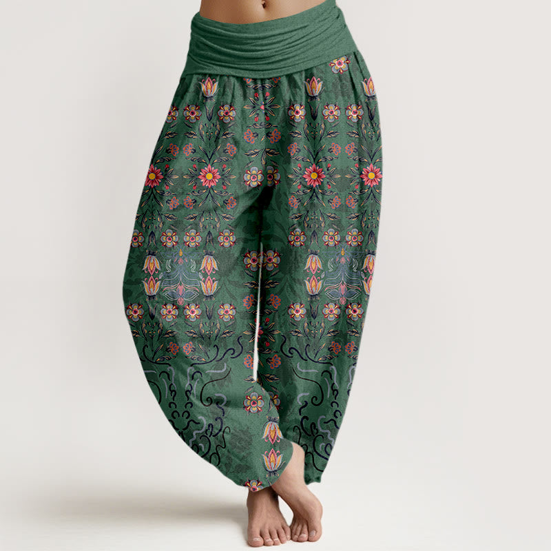 Damskie spodnie haremowe z elastycznej talii z Buddha Stones z czystej bawełny w kolorowe kwiaty - MediumSeaGreen - US16, UK/AU20, EU48 (3XL) - image 0