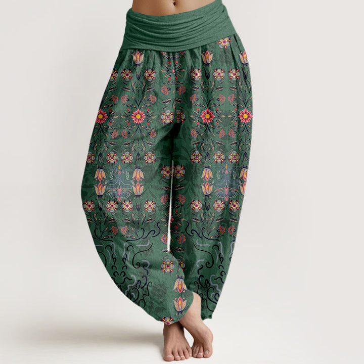 Damskie spodnie haremowe z elastycznej talii z Buddha Stones z czystej bawełny w kolorowe kwiaty - MediumSeaGreen - US16, UK/AU20, EU48 (3XL) - image 0